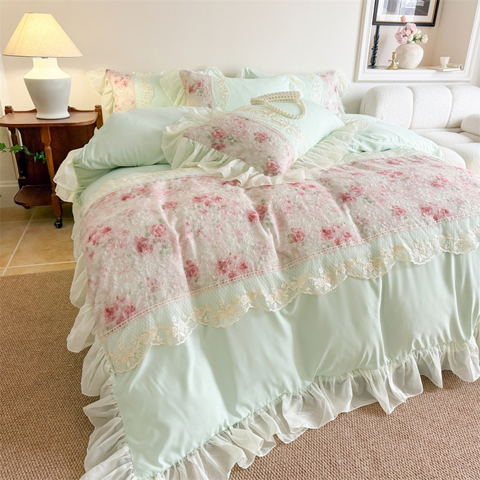 富盛家纺 2026新款水洗亲肤棉蕾丝刺绣四件套-爱丽丝 爱丽丝—绿