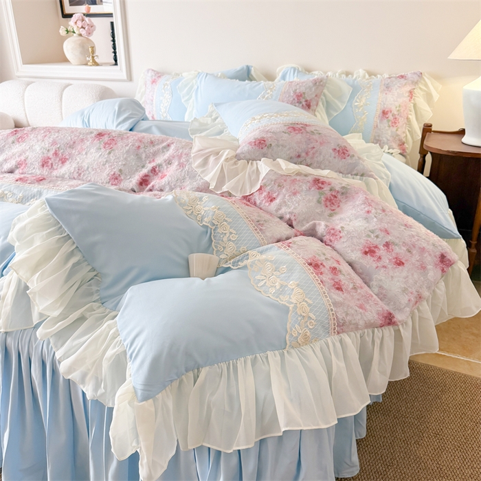 91家纺网 家纺一手货源 找家纺 富盛家纺 2026新款水洗亲肤棉蕾丝刺绣四件套-爱丽丝 爱丽丝—蓝