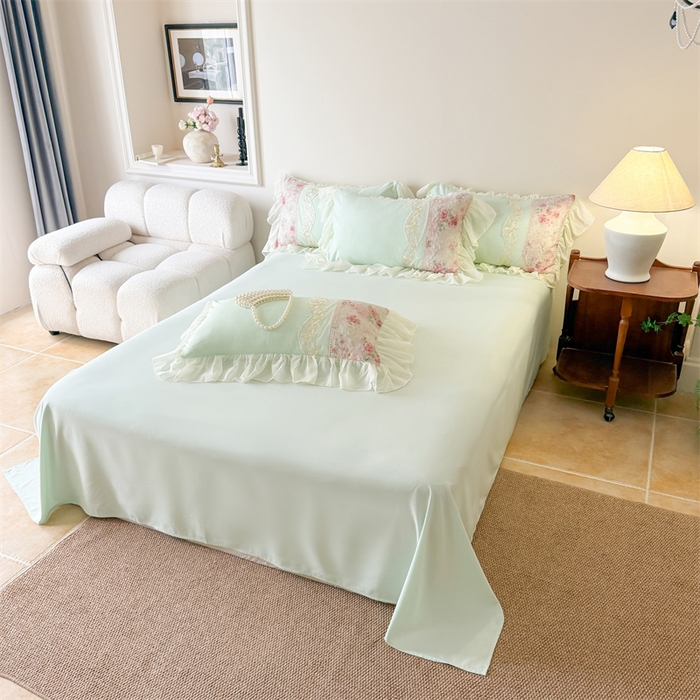 91家纺网 家纺一手货源 找家纺 富盛家纺 2026新款水洗亲肤棉蕾丝刺绣四件套-爱丽丝 爱丽丝—绿