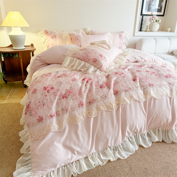 富盛家纺 2026新款水洗亲肤棉蕾丝刺绣四件套-爱丽丝 爱丽丝—粉