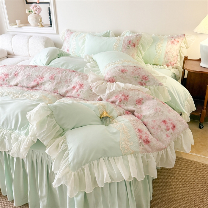 91家纺网 家纺一手货源 找家纺 富盛家纺 2026新款水洗亲肤棉蕾丝刺绣四件套-爱丽丝 爱丽丝—绿