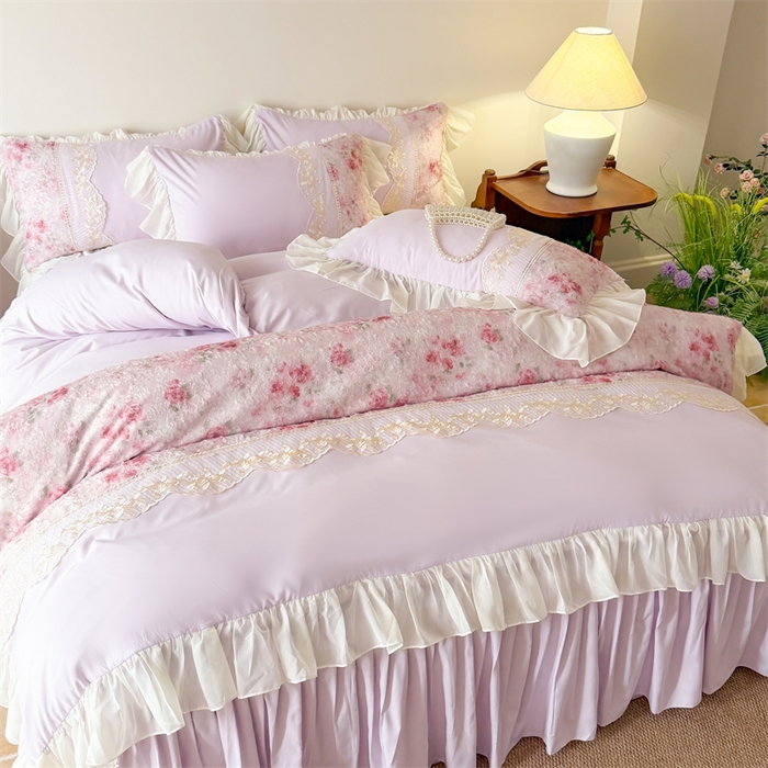 91家纺网 家纺一手货源 找家纺 富盛家纺 2026新款水洗亲肤棉蕾丝刺绣四件套-爱丽丝 爱丽丝—紫