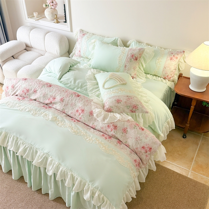 91家纺网 家纺一手货源 找家纺 富盛家纺 2026新款水洗亲肤棉蕾丝刺绣四件套-爱丽丝 爱丽丝—绿