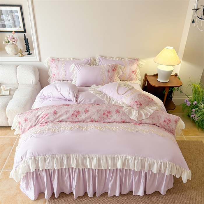 91家纺网 家纺一手货源 找家纺 富盛家纺 2026新款水洗亲肤棉蕾丝刺绣四件套-爱丽丝 爱丽丝—紫