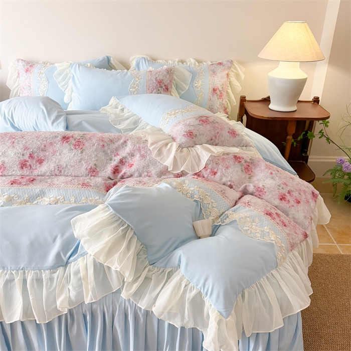 91家纺网 家纺一手货源 找家纺 富盛家纺 2026新款水洗亲肤棉蕾丝刺绣四件套-爱丽丝 爱丽丝—蓝