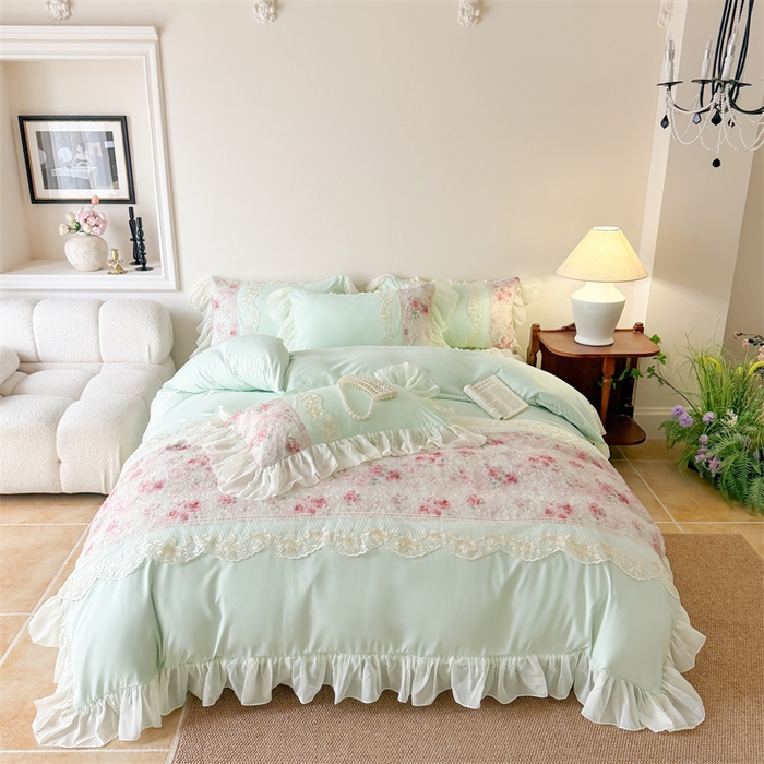 91家纺网 家纺一手货源 找家纺 富盛家纺 2026新款水洗亲肤棉蕾丝刺绣四件套-爱丽丝 爱丽丝—绿