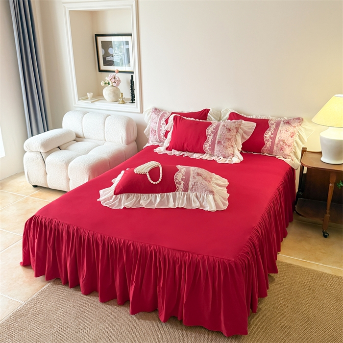 91家纺网 家纺一手货源 找家纺 富盛家纺 2026新款水洗亲肤棉蕾丝刺绣四件套-爱丽丝 爱丽丝—大红