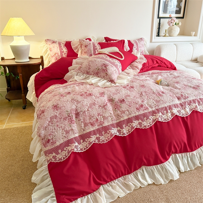 富盛家纺 2026新款水洗亲肤棉蕾丝刺绣四件套-爱丽丝 爱丽丝—大红