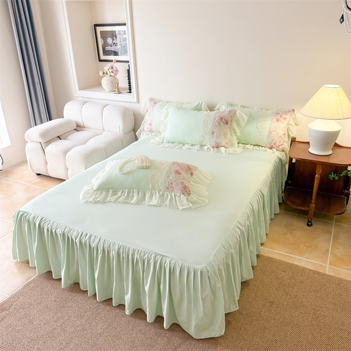 91家纺网 家纺一手货源 找家纺 富盛家纺 2026新款水洗亲肤棉蕾丝刺绣四件套-爱丽丝 爱丽丝—绿