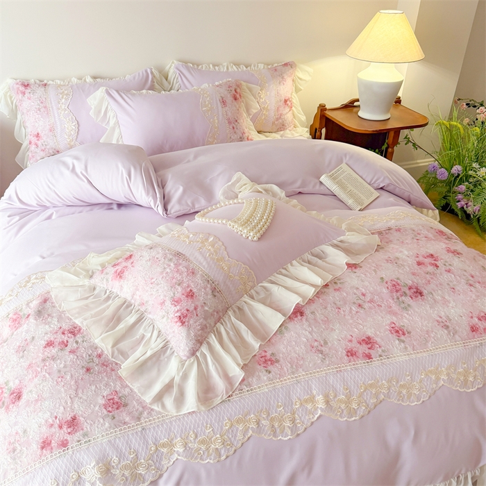 91家纺网 家纺一手货源 找家纺 富盛家纺 2026新款水洗亲肤棉蕾丝刺绣四件套-爱丽丝 爱丽丝—紫