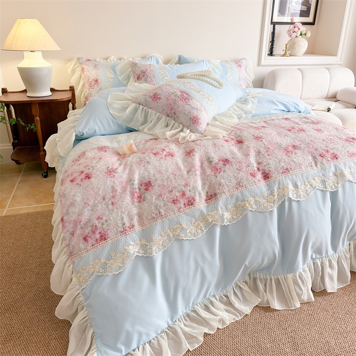 富盛家纺 2026新款水洗亲肤棉蕾丝刺绣四件套-爱丽丝 爱丽丝—蓝