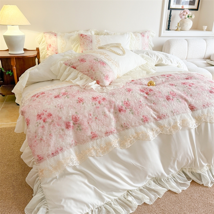 富盛家纺 2026新款水洗亲肤棉蕾丝刺绣四件套-爱丽丝 爱丽丝—白