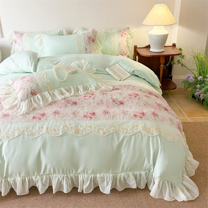 91家纺网 家纺一手货源 找家纺 富盛家纺 2026新款水洗亲肤棉蕾丝刺绣四件套-爱丽丝 爱丽丝—绿