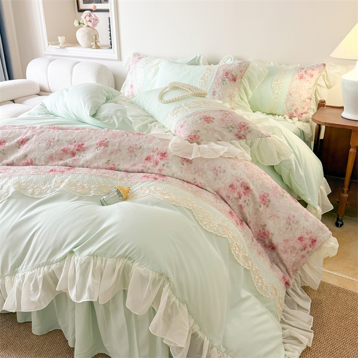 91家纺网 家纺一手货源 找家纺 富盛家纺 2026新款水洗亲肤棉蕾丝刺绣四件套-爱丽丝 爱丽丝—绿