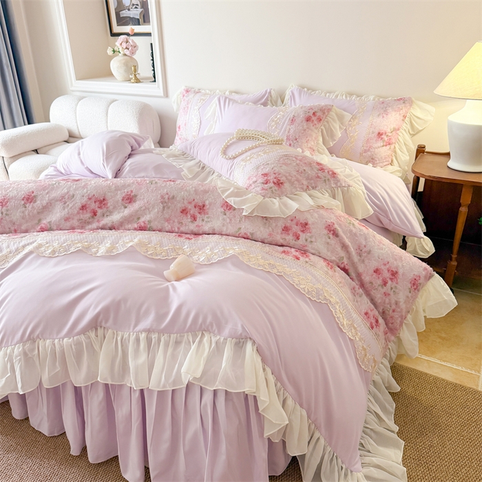 91家纺网 家纺一手货源 找家纺 富盛家纺 2026新款水洗亲肤棉蕾丝刺绣四件套-爱丽丝 爱丽丝—紫