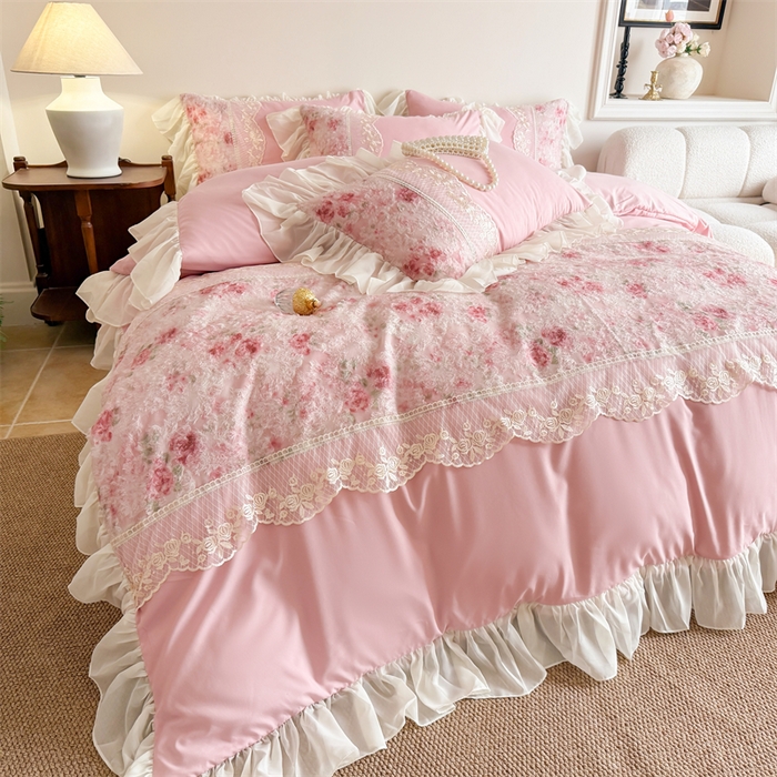 富盛家纺 2026新款水洗亲肤棉蕾丝刺绣四件套-爱丽丝 爱丽丝—豆沙
