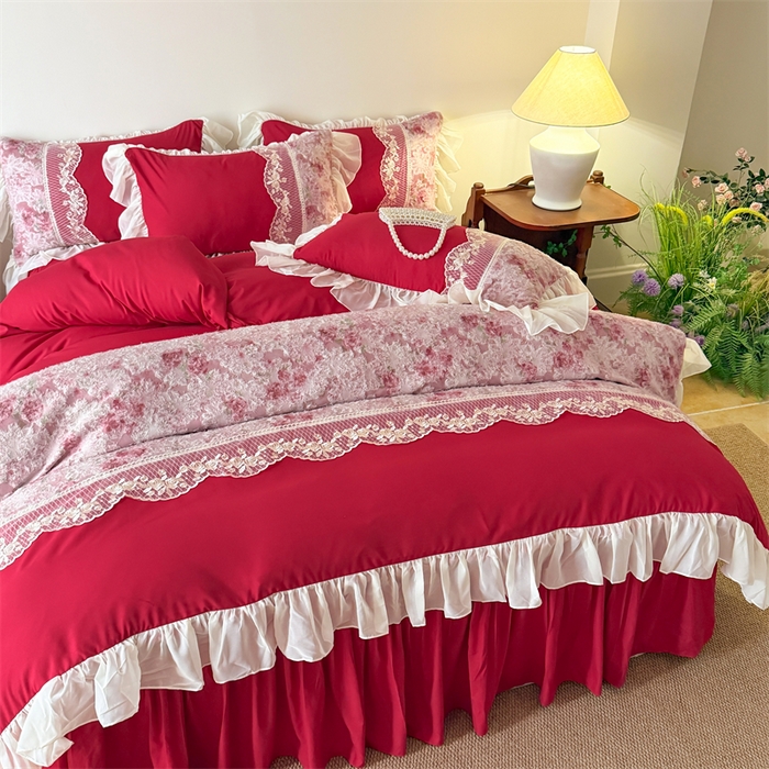 91家纺网 家纺一手货源 找家纺 富盛家纺 2026新款水洗亲肤棉蕾丝刺绣四件套-爱丽丝 爱丽丝—大红