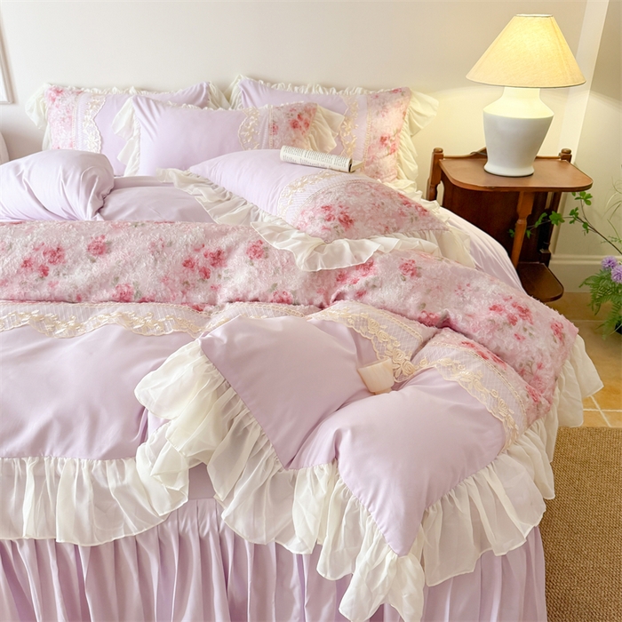 91家纺网 家纺一手货源 找家纺 富盛家纺 2026新款水洗亲肤棉蕾丝刺绣四件套-爱丽丝 爱丽丝—紫