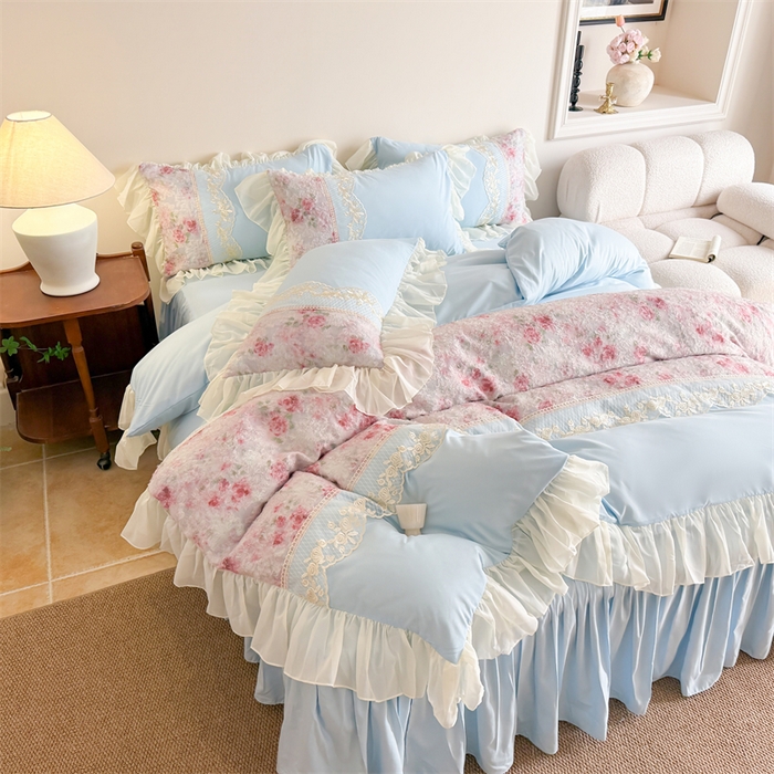 91家纺网 家纺一手货源 找家纺 富盛家纺 2026新款水洗亲肤棉蕾丝刺绣四件套-爱丽丝 爱丽丝—蓝