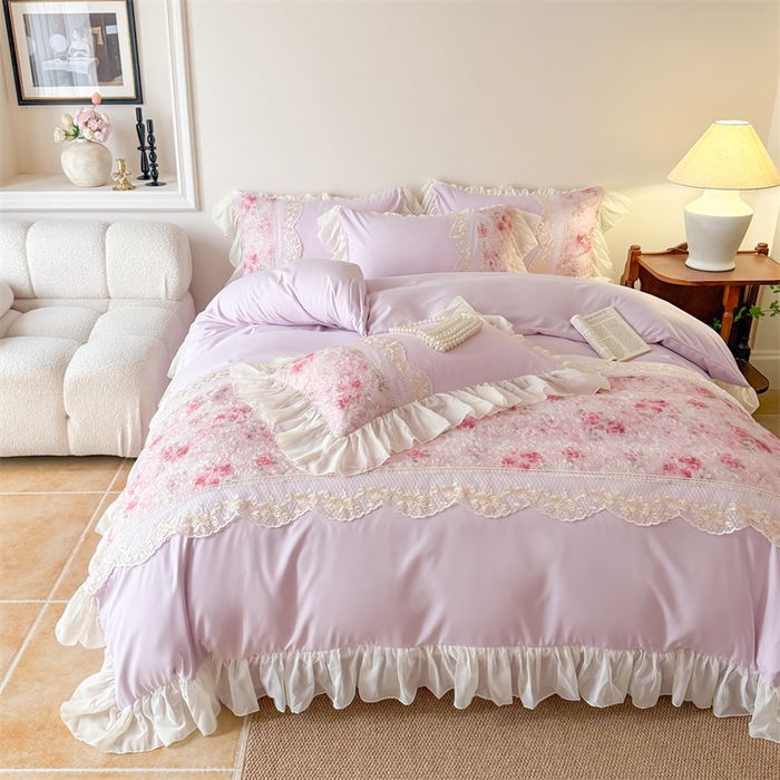 91家纺网 家纺一手货源 找家纺 富盛家纺 2026新款水洗亲肤棉蕾丝刺绣四件套-爱丽丝 爱丽丝—紫