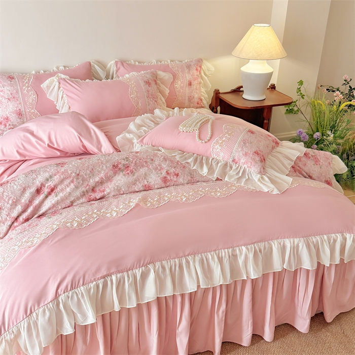 91家纺网 家纺一手货源 找家纺 富盛家纺 2026新款水洗亲肤棉蕾丝刺绣四件套-爱丽丝 爱丽丝—豆沙