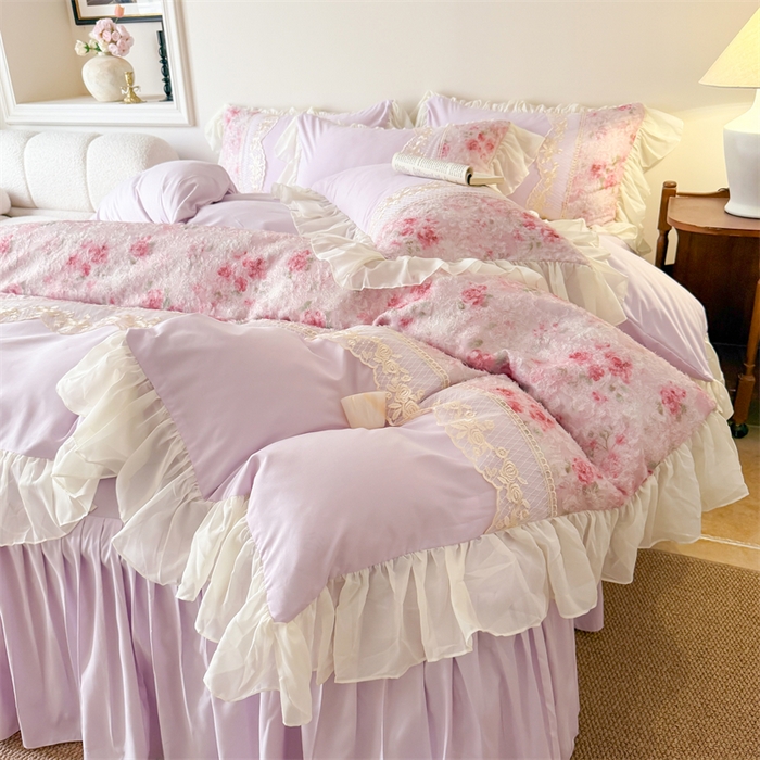 91家纺网 家纺一手货源 找家纺 富盛家纺 2026新款水洗亲肤棉蕾丝刺绣四件套-爱丽丝 爱丽丝—紫