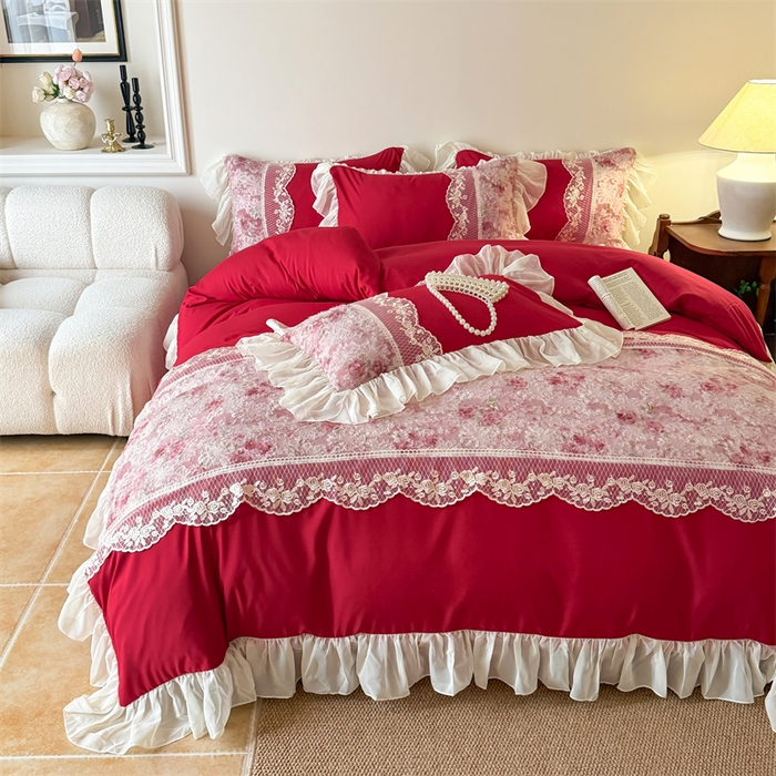 91家纺网 家纺一手货源 找家纺 富盛家纺 2026新款水洗亲肤棉蕾丝刺绣四件套-爱丽丝 爱丽丝—大红