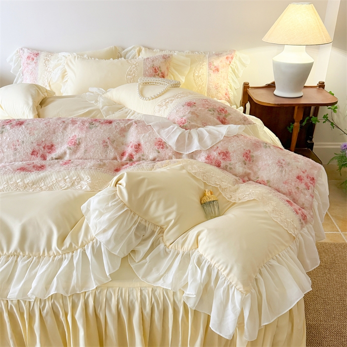 91家纺网 家纺一手货源 找家纺 富盛家纺 2026新款水洗亲肤棉蕾丝刺绣四件套-爱丽丝 爱丽丝—黄