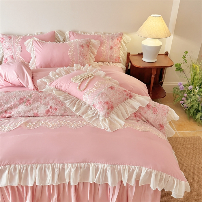 91家纺网 家纺一手货源 找家纺 富盛家纺 2026新款水洗亲肤棉蕾丝刺绣四件套-爱丽丝 爱丽丝—豆沙