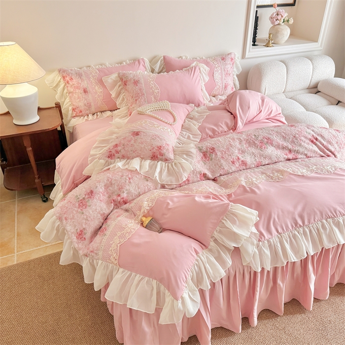 91家纺网 家纺一手货源 找家纺 富盛家纺 2026新款水洗亲肤棉蕾丝刺绣四件套-爱丽丝 爱丽丝—豆沙