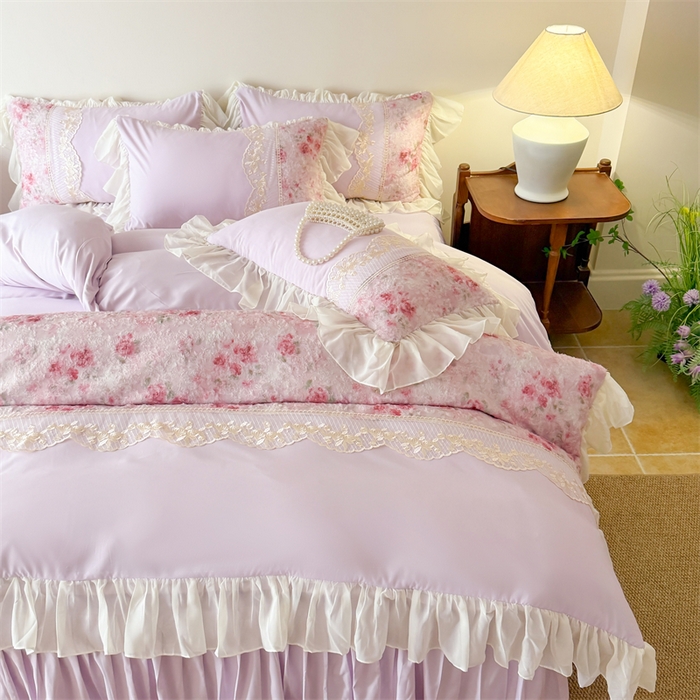 91家纺网 家纺一手货源 找家纺 富盛家纺 2026新款水洗亲肤棉蕾丝刺绣四件套-爱丽丝 爱丽丝—紫