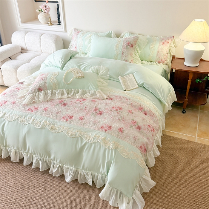 91家纺网 家纺一手货源 找家纺 富盛家纺 2026新款水洗亲肤棉蕾丝刺绣四件套-爱丽丝 爱丽丝—绿