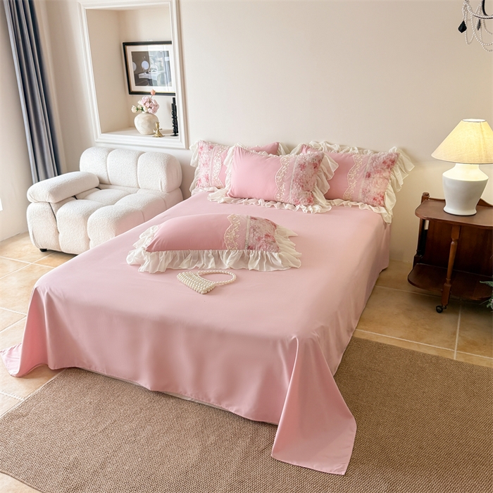 91家纺网 家纺一手货源 找家纺 富盛家纺 2026新款水洗亲肤棉蕾丝刺绣四件套-爱丽丝 爱丽丝—豆沙