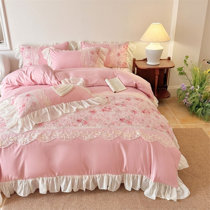 91家纺网 家纺一手货源 找家纺 富盛家纺 2026新款水洗亲肤棉蕾丝刺绣四件套-爱丽丝 爱丽丝—豆沙