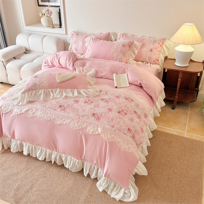 91家纺网 家纺一手货源 找家纺 富盛家纺 2026新款水洗亲肤棉蕾丝刺绣四件套-爱丽丝 爱丽丝—豆沙