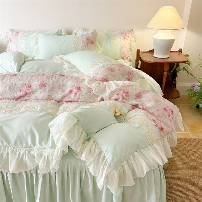 91家纺网 家纺一手货源 找家纺 富盛家纺 2026新款水洗亲肤棉蕾丝刺绣四件套-爱丽丝 爱丽丝—绿