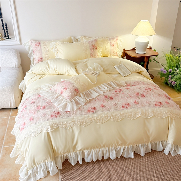 91家纺网 家纺一手货源 找家纺 富盛家纺 2026新款水洗亲肤棉蕾丝刺绣四件套-爱丽丝 爱丽丝—黄