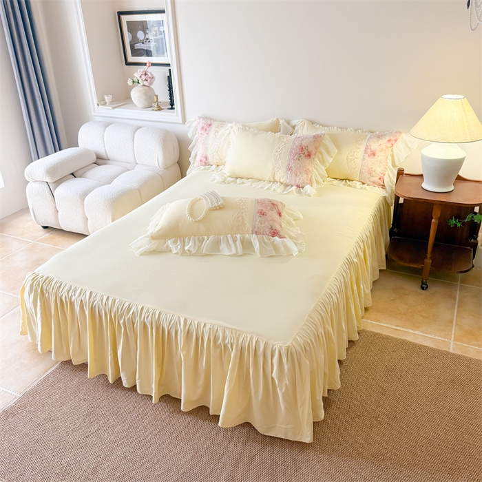 91家纺网 家纺一手货源 找家纺 富盛家纺 2026新款水洗亲肤棉蕾丝刺绣四件套-爱丽丝 爱丽丝—黄