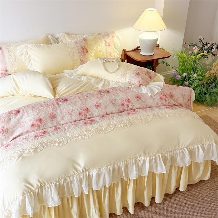 91家纺网 家纺一手货源 找家纺 富盛家纺 2026新款水洗亲肤棉蕾丝刺绣四件套-爱丽丝 爱丽丝—黄