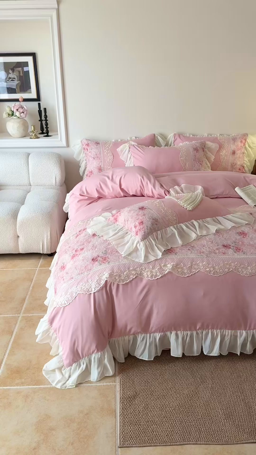 91家纺网 家纺一手货源 找家纺 富盛家纺 2026新款水洗亲肤棉蕾丝刺绣四件套-爱丽丝 爱丽丝—豆沙