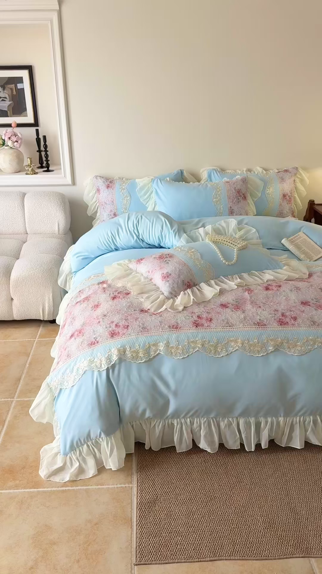 91家纺网 家纺一手货源 找家纺 富盛家纺 2026新款水洗亲肤棉蕾丝刺绣四件套-爱丽丝 爱丽丝—蓝