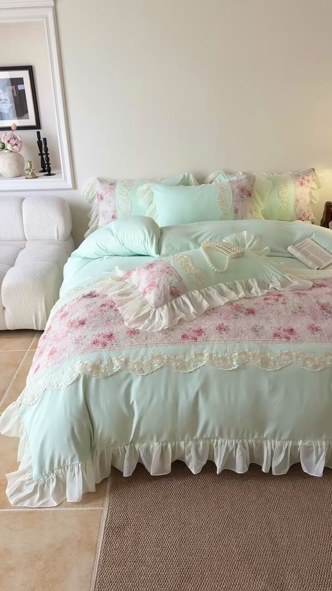 91家纺网 家纺一手货源 找家纺 富盛家纺 2026新款水洗亲肤棉蕾丝刺绣四件套-爱丽丝 爱丽丝—绿