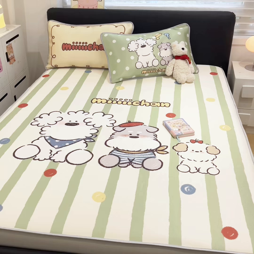 91家纺网 家纺一手货源 找家纺 暮思家居 2026新款正版授权miiiiichan大版数码印花可机洗1200D冰丝席子凉席 彩色波点狗