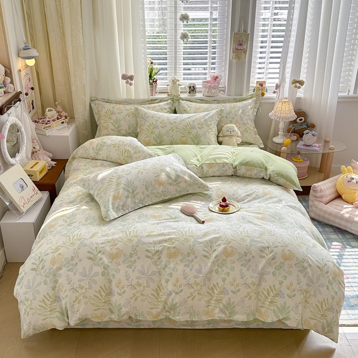 91家纺网 家纺一手货源 找家纺 绵庭家纺 2026新款全棉印花四件套 青岚叶语-绿