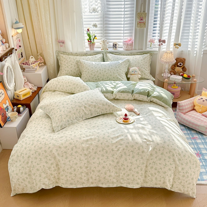 91家纺网 家纺一手货源 找家纺 绵庭家纺 2026新款全棉印花四件套 清清文絮-绿