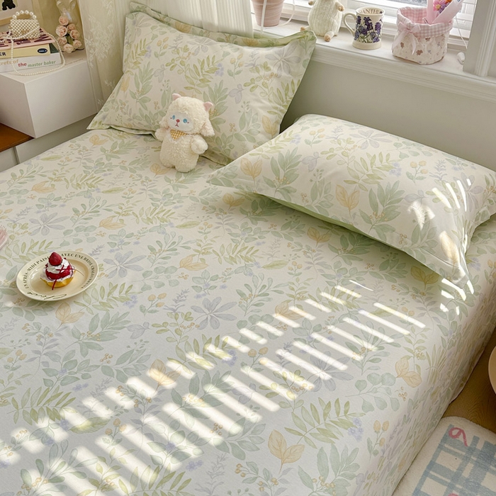 91家纺网 家纺一手货源 找家纺 绵庭家纺 2026新款全棉印花四件套 青岚叶语-绿