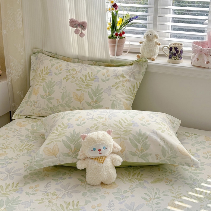 91家纺网 家纺一手货源 找家纺 绵庭家纺 2026新款全棉印花四件套 青岚叶语-绿