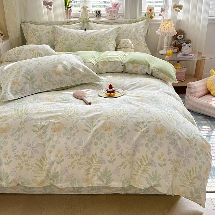 91家纺网 家纺一手货源 找家纺 绵庭家纺 2026新款全棉印花四件套 青岚叶语-绿