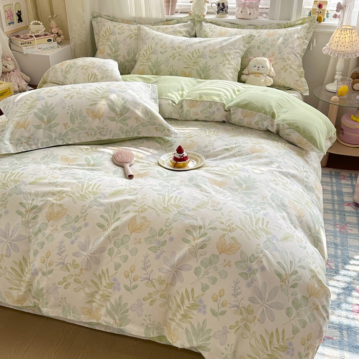 91家纺网 家纺一手货源 找家纺 绵庭家纺 2026新款全棉印花四件套 青岚叶语-绿