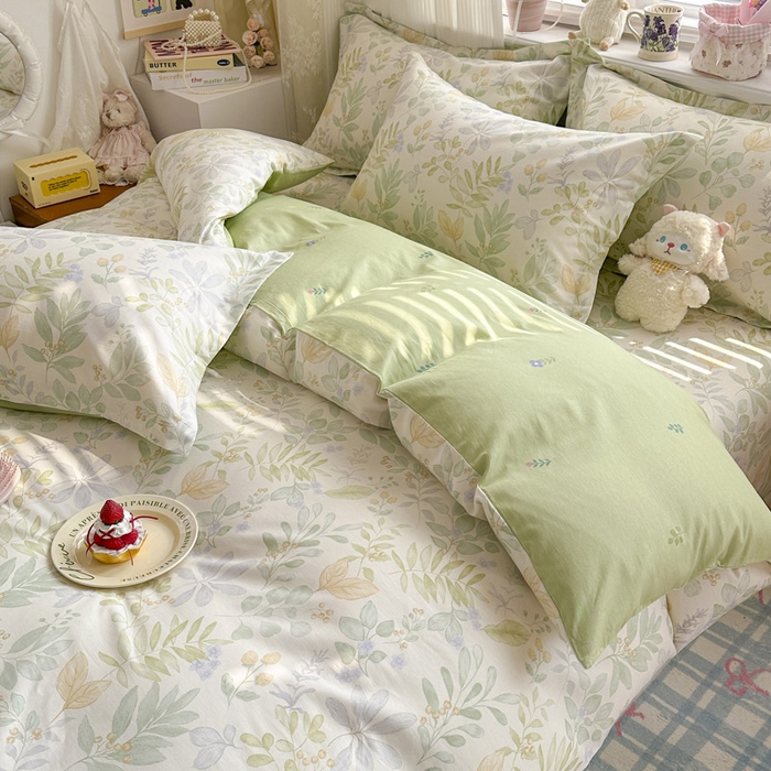 91家纺网 家纺一手货源 找家纺 绵庭家纺 2026新款全棉印花四件套 青岚叶语-绿